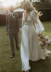 Ethel | Simple A Line White Satin Wedding Dress Long Sleeve Train with V Neck - Price #price_variant_lowest# - White - PromDressClub